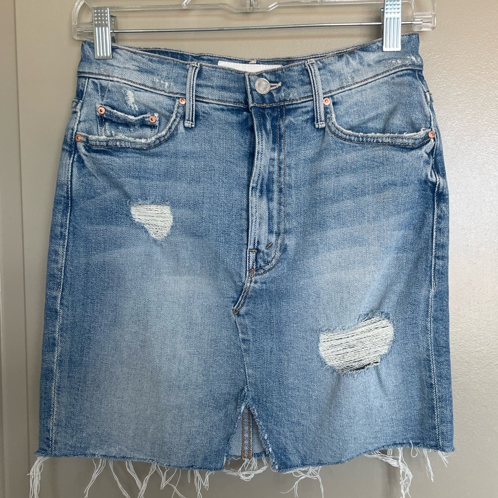 MOTHER Blue Distressed Denim Mini Skirt